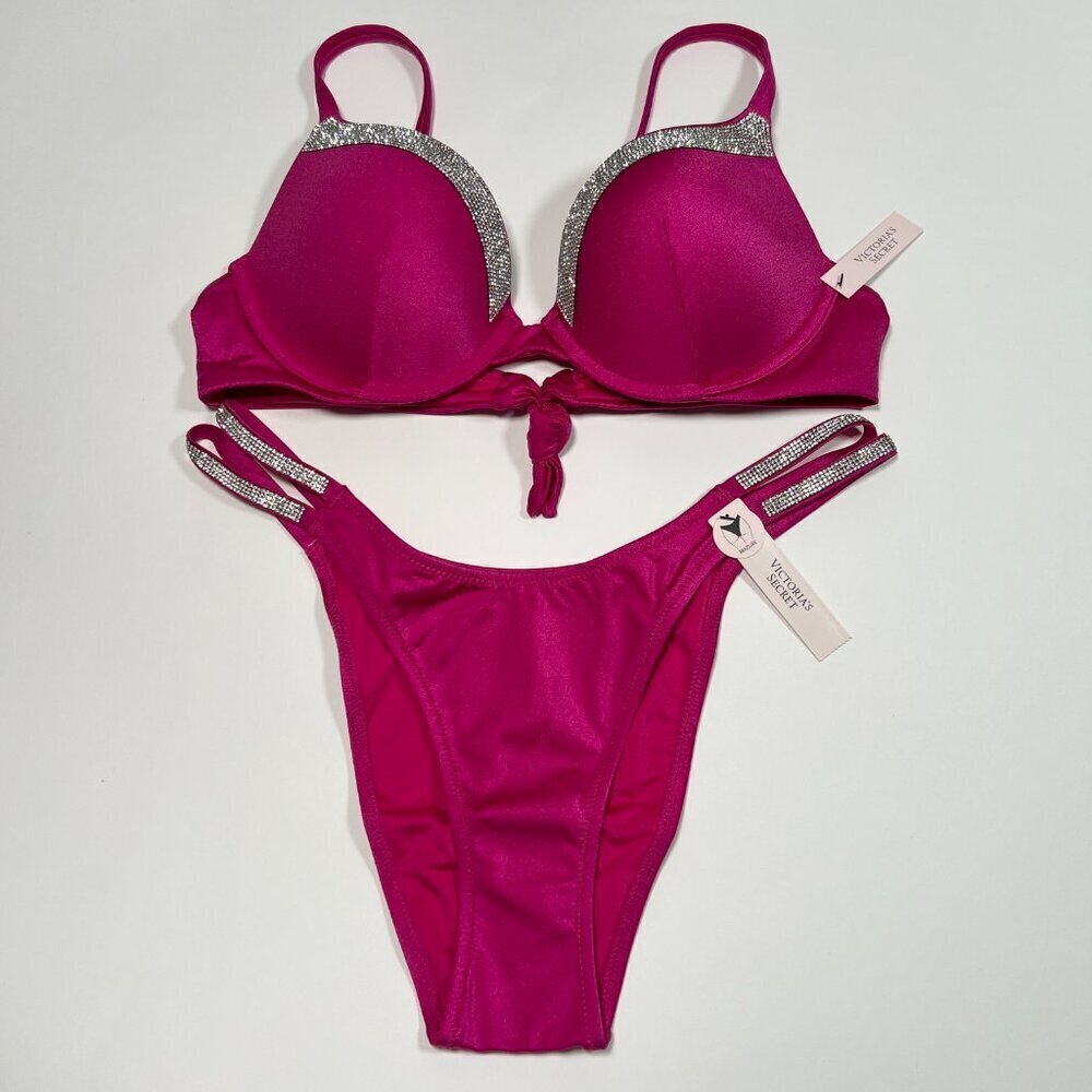 Victoria Secret 32B XS VERY SEXY Push Up Bikini Top Set Shine Strap Berry Blush